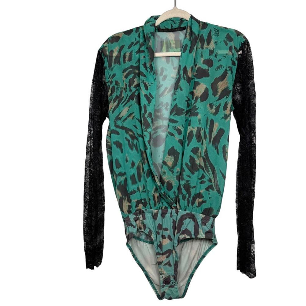 Moikana teal leopard print bodysuit with long black lace sleeves Large